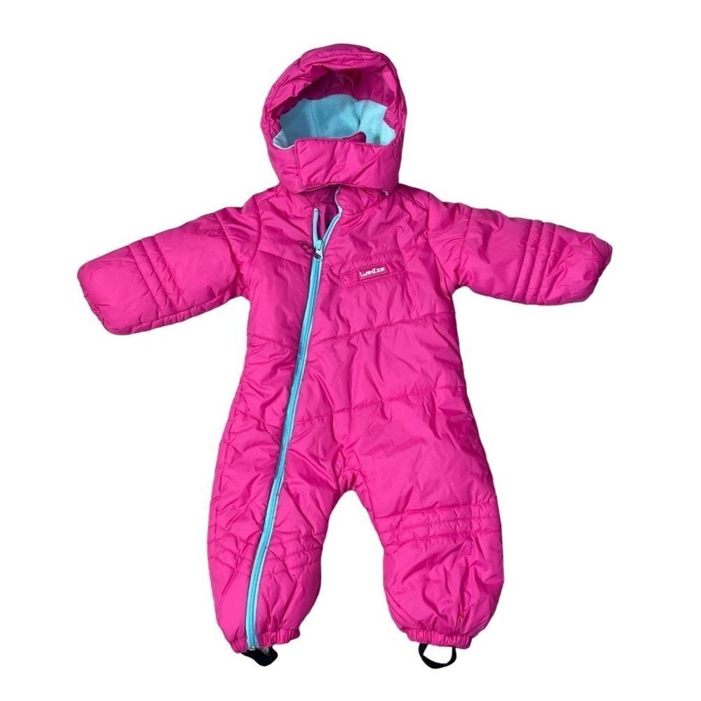 Wedze Baby Snowsuit Hooded Full Zip Boot Straps Pink Blue Size 12 Months